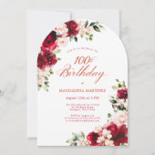 100e Verjaardag Red Rose Pink Peony Bloemenboog Kaart (Voorkant)