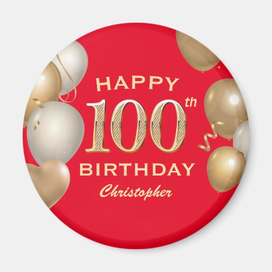 100e verjaardag Rode en gouden ballonnen van de pa Magneet (Voorkant)