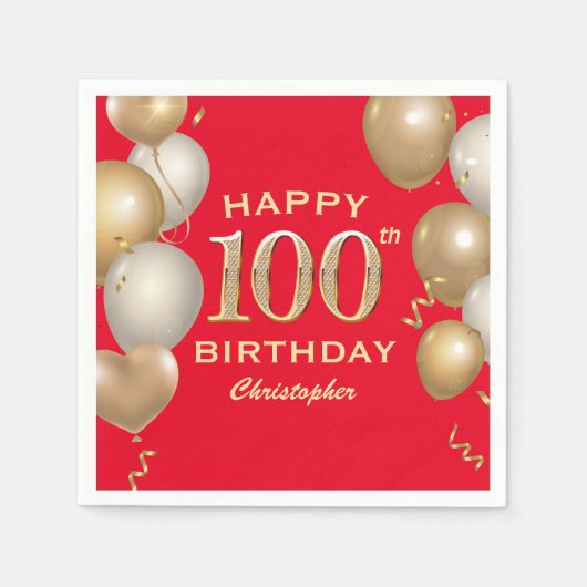 100e verjaardag Rode en gouden ballonnen van de pa Servet (Voorkant)