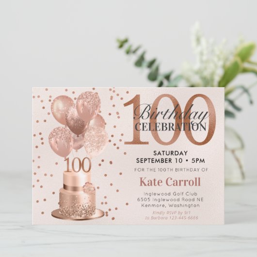 100e verjaardag Roos Gold Cake Kaart (Staand voorkant)