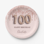 100e verjaardag roos goud glitter roze ballon chic papieren bordje (Voorkant)