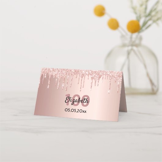 100e verjaardag roos goud glitter roze glazuur plaatskaartje (Voorkant)