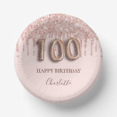 100e verjaardag roos gouden glitter druppels roze papieren kommen (Voorkant)