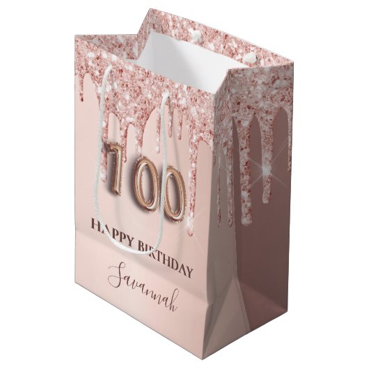 100e verjaardag roos gouden glitter roze ballon medium cadeauzakje (Voorkant Gekanteld)