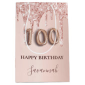100e verjaardag roos gouden glitter roze ballon medium cadeauzakje (Voorkant)
