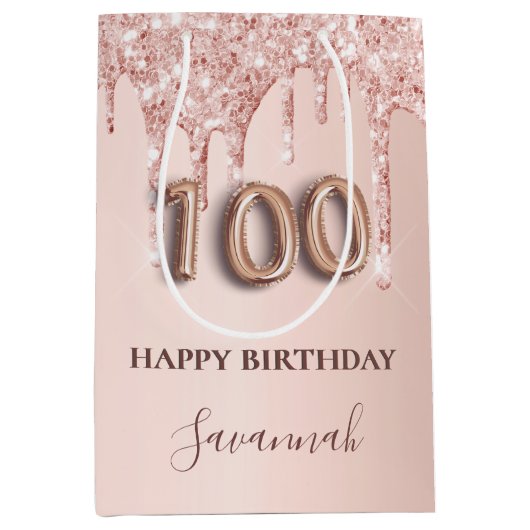 100e verjaardag roos gouden glitter roze ballon medium cadeauzakje (Voorkant)