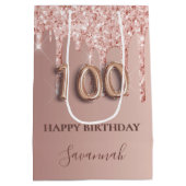 100e verjaardag roos gouden glitter roze ballon medium cadeauzakje (Achterkant)