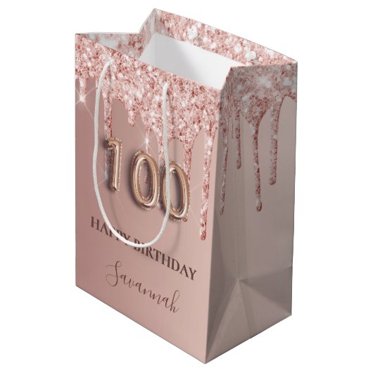 100e verjaardag roos gouden glitter roze ballon medium cadeauzakje (Achterkant Gekanteld)