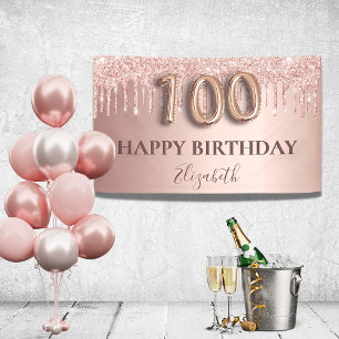 100e verjaardag roos gouden glitter roze ballonnen spandoek