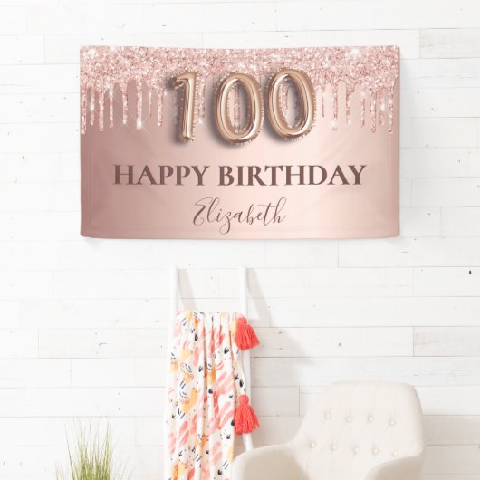 100e verjaardag roos gouden glitter roze ballonnen spandoek (Insitu)