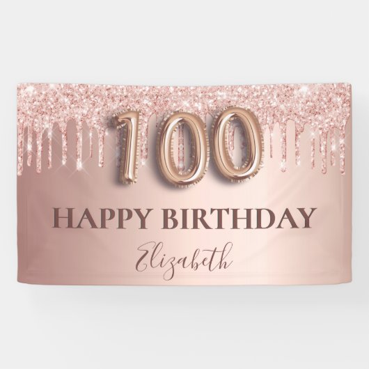 100e verjaardag roos gouden glitter roze ballonnen spandoek (Horizontaal)