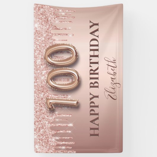 100e verjaardag roos gouden glitter roze ballonnen spandoek (Verticaal)