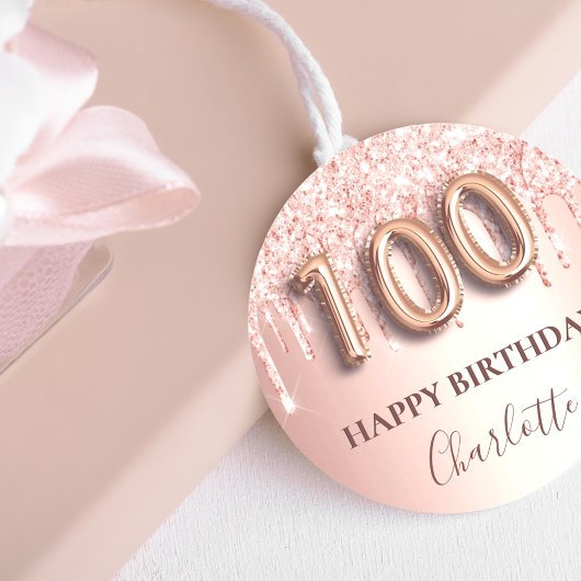 100e verjaardag roos gouden glitter roze ballontek ronde sticker
