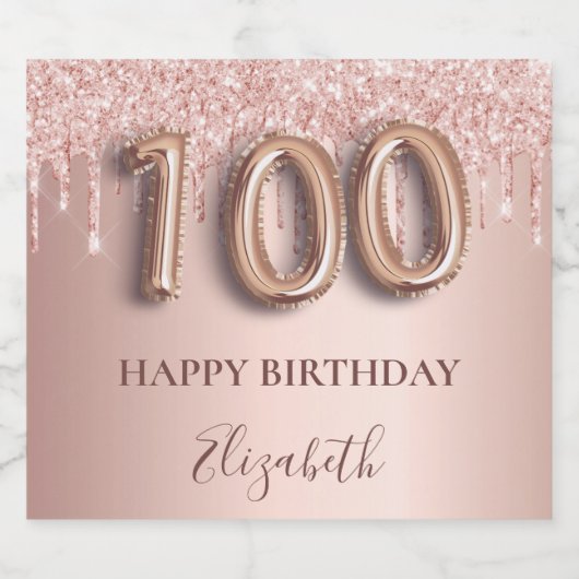 100e verjaardag roos gouden glitter roze ballontek sparkling wijnetiket (Enkel label)