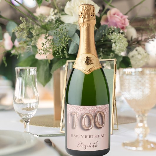 100e verjaardag roos gouden glitter roze ballontek sparkling wijnetiket
