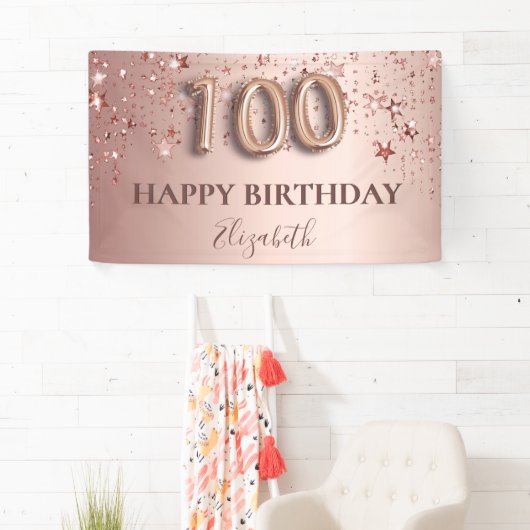 100e verjaardag roos gouden roze sterren ballonsch spandoek (Insitu)