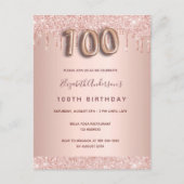 100e verjaardag roos gouden roze uitnodiging (Voorkant)