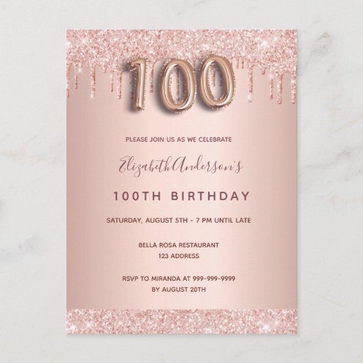 100e verjaardag roos gouden roze uitnodiging (Voorkant)