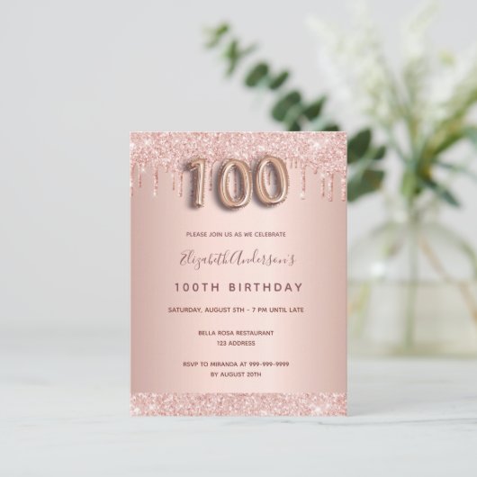 100e verjaardag roos gouden roze uitnodiging (Staand voorkant)