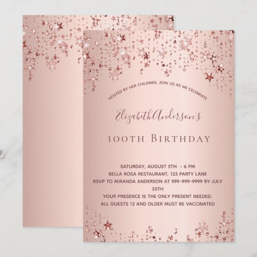 100e verjaardag roos gouden sterren sprinkle kaart (Voorkant / Achterkant)