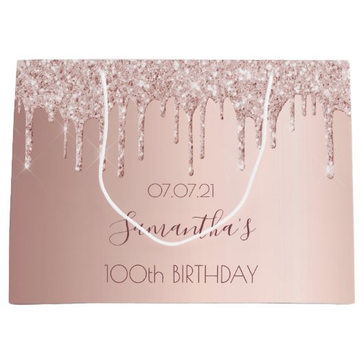 100e verjaardag roos goudglitterdruppels groot cadeauzakje (Voorkant)