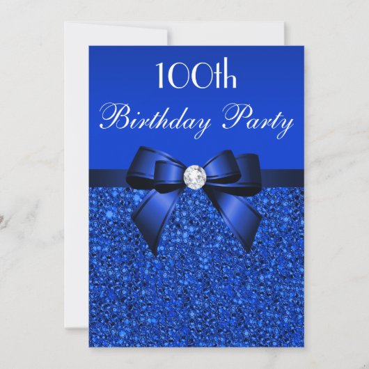 100e verjaardag Royal Blue Sequins Bow en Diamond Kaart (Voorkant)