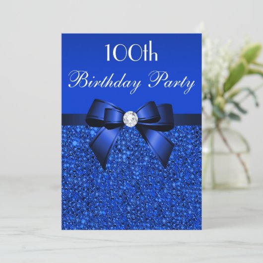 100e verjaardag Royal Blue Sequins Bow en Diamond Kaart (Staand voorkant)