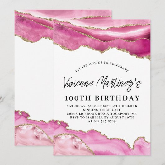 100e verjaardag Roze Agate Marble Kaart (Voorkant / Achterkant)