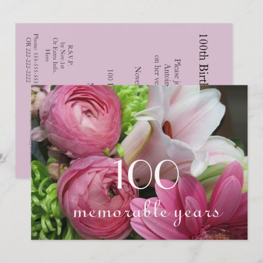 100e verjaardag!- roze bloemen kaart (Voorkant / Achterkant)