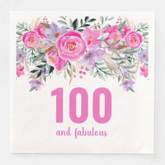 100e verjaardag roze bloemenfeestje servetten (Voorkant)
