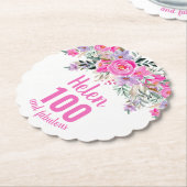 100e verjaardag roze bloemenschrift naam kartonnen onderzetters (Gekanteld)