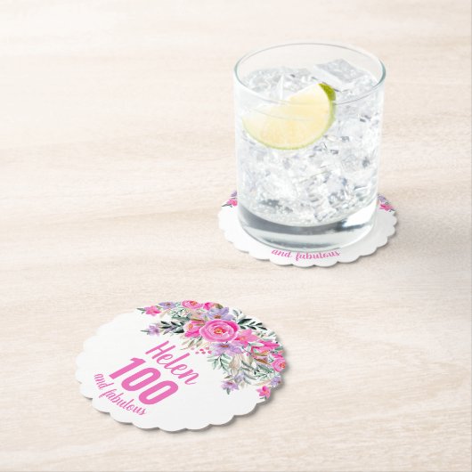 100e verjaardag roze bloemenschrift naam kartonnen onderzetters (Insitu)