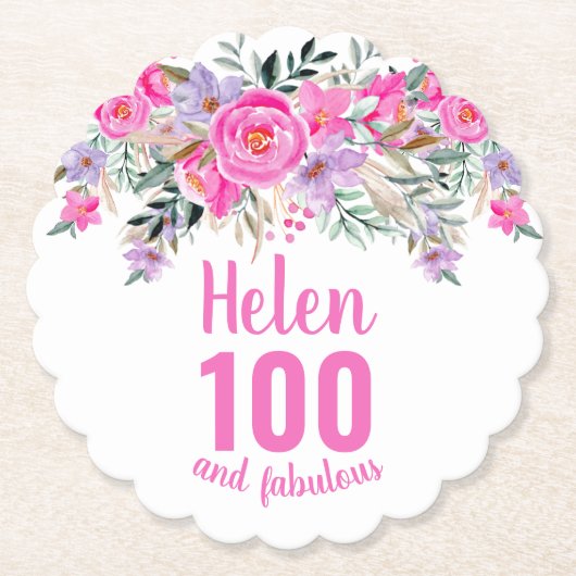 100e verjaardag roze bloemenschrift naam kartonnen onderzetters (Voorkant)