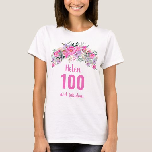 100e verjaardag roze bloemnaam t-shirt (Voorkant)