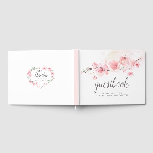 100e verjaardag Roze Cherry Blossom Floral Gastenboek (Volledig)