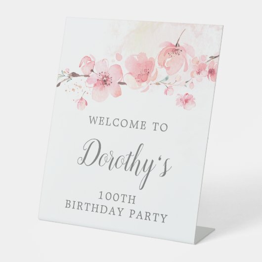 100e verjaardag Roze Cherry Blossom Floral Reclamebord Met Voetstuk (Voorkant)