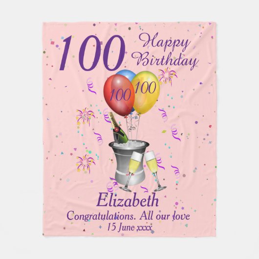 100e verjaardag roze fleece deken (Voorkant)