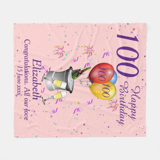100e verjaardag roze fleece deken (Voorkant (Horizontaal))