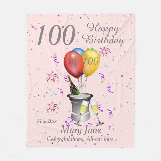 100e verjaardag roze fleece deken (Voorkant)