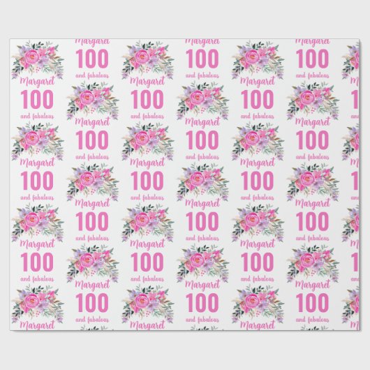 100e verjaardag roze floral cadeaupapier (Vlak)