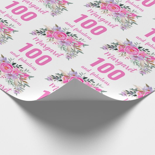 100e verjaardag roze floral cadeaupapier (Hoek)