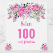 100e verjaardag roze floral wijn etiket (Enkel label)