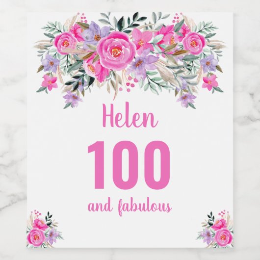 100e verjaardag roze floral wijn etiket (Enkel label)