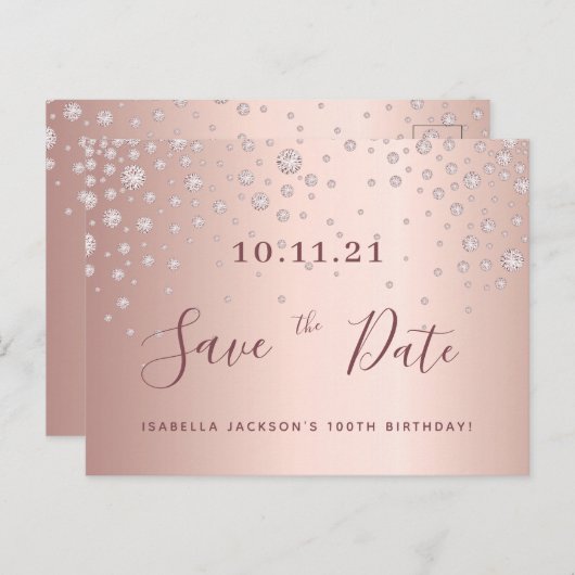 100e verjaardag roze gouden diamanten save the dat briefkaart (Voorkant / Achterkant)