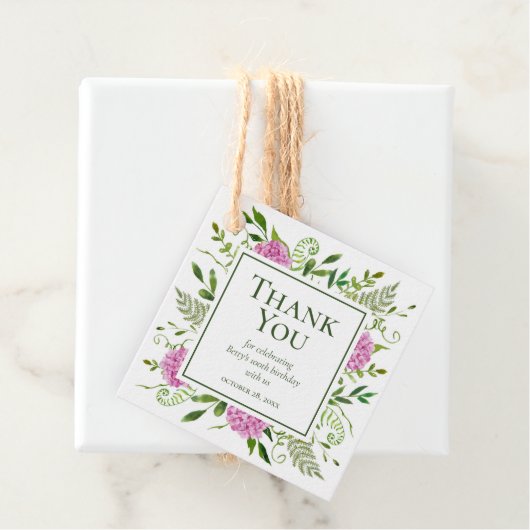 100e verjaardag Roze hydrangeas Hartelijk dank Bedankjes Labels (In situ)