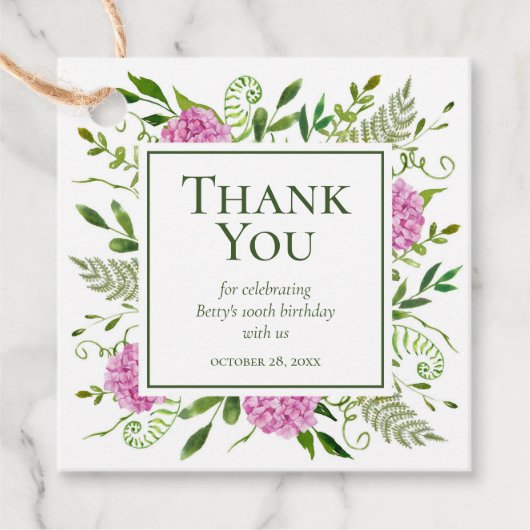 100e verjaardag Roze hydrangeas Hartelijk dank Bedankjes Labels (Voorkant)