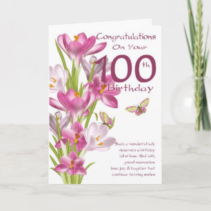100e verjaardag Roze krokus en vlinder Kaart