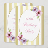 100e verjaardag Roze Lila Floral White Gold Stripe Kaart (Voorkant / Achterkant)