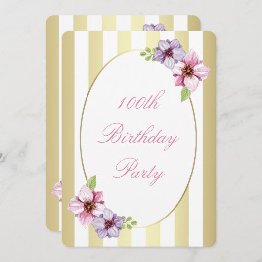 100e verjaardag Roze Lila Floral White Gold Stripe Kaart (Voorkant / Achterkant)