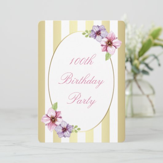 100e verjaardag Roze Lila Floral White Gold Stripe Kaart (Staand voorkant)